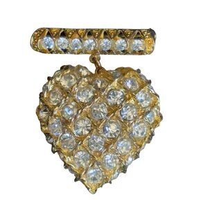 Vintage Gold-Tone Rhinestone Heart Brooch Pin With Bar Accent